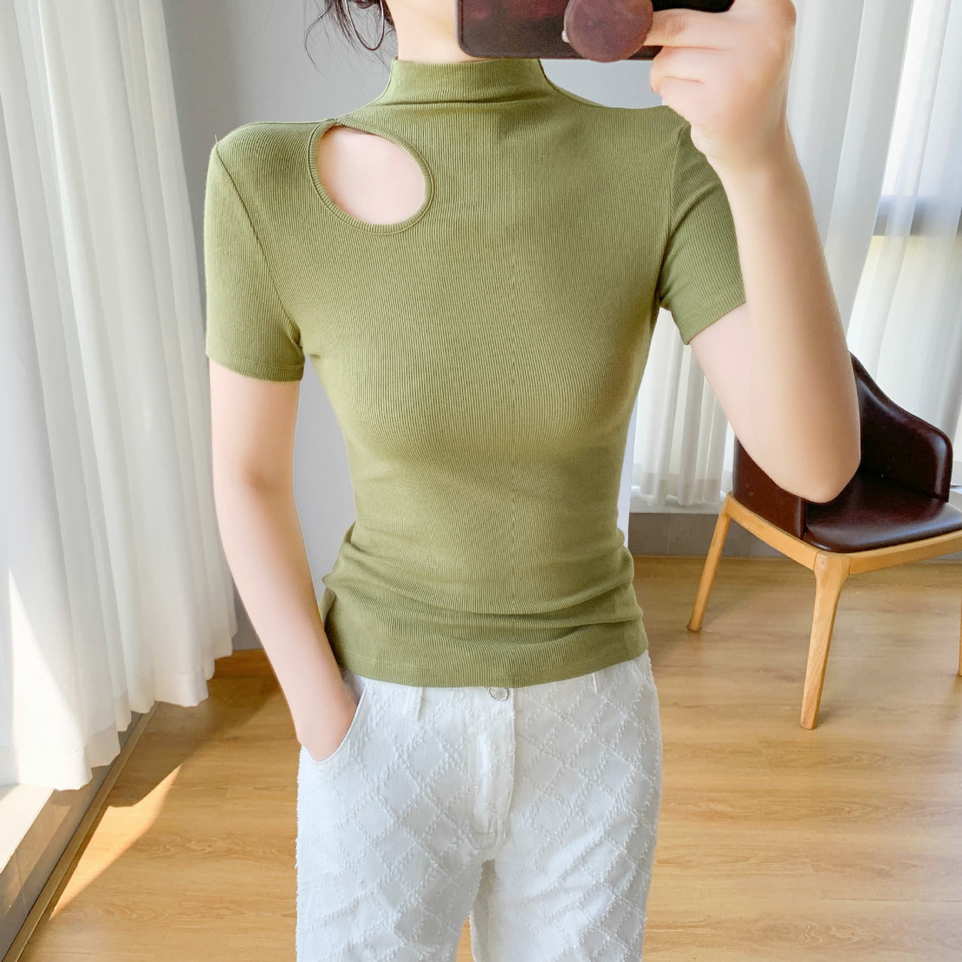 Black Mock Neck Short Sleeve T-Shirt Women Summer New Hollow Out Inner Layer Design Sense Niche Ribbed Tight Base Top