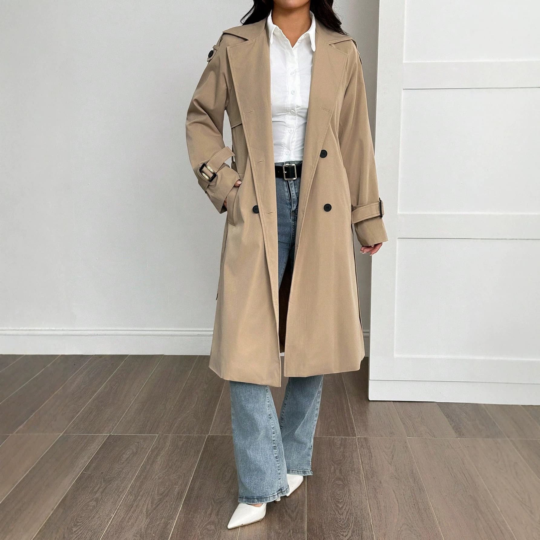 7077 Winter and Autumn Khaki Retro Long-Sleeve Waist-Cinched Warm Fleece-Lined Thick Long Women's Trench Coat