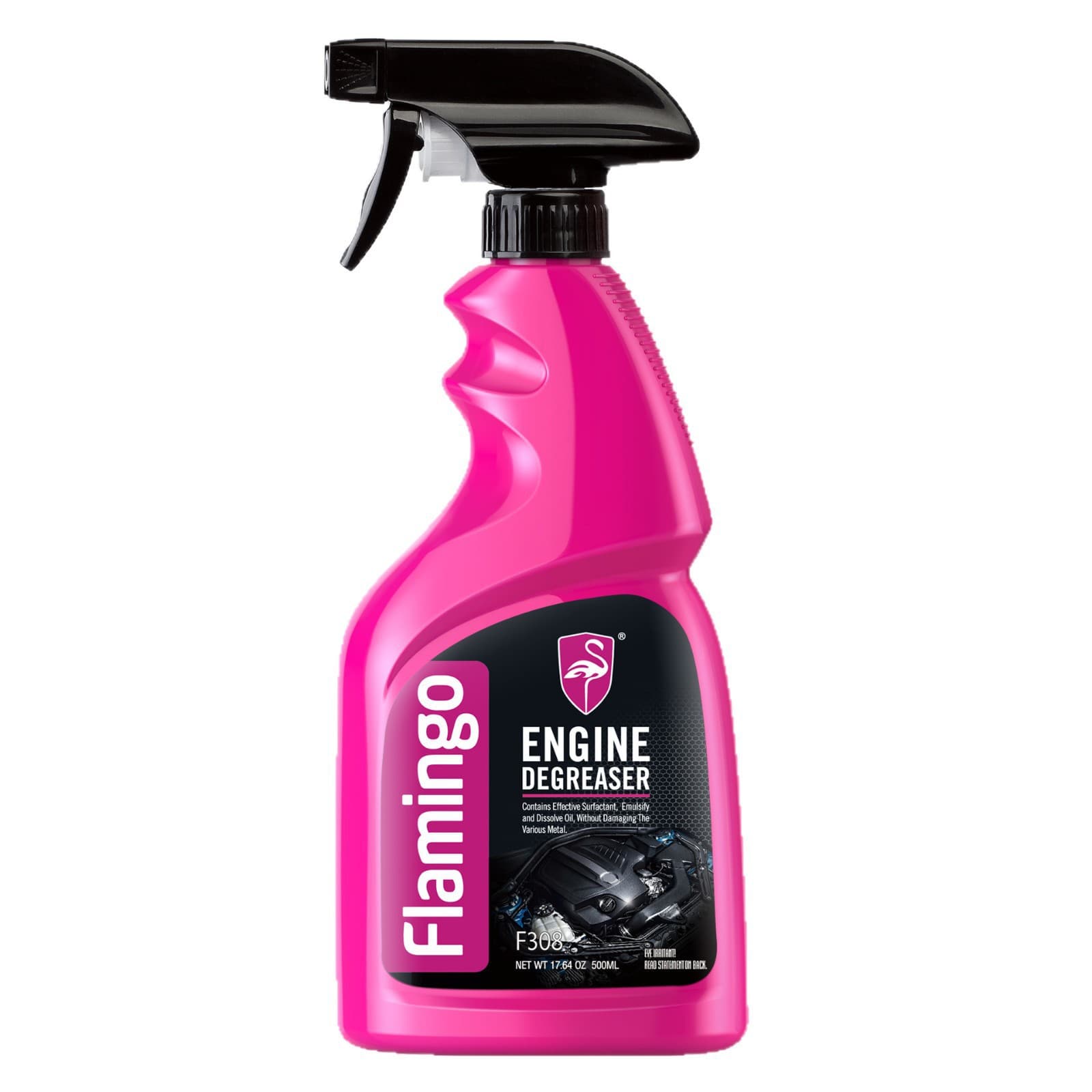 Flamingo F308 DEGREASER Engine Exterior Surface Cleaner effectively removes stains and oil.