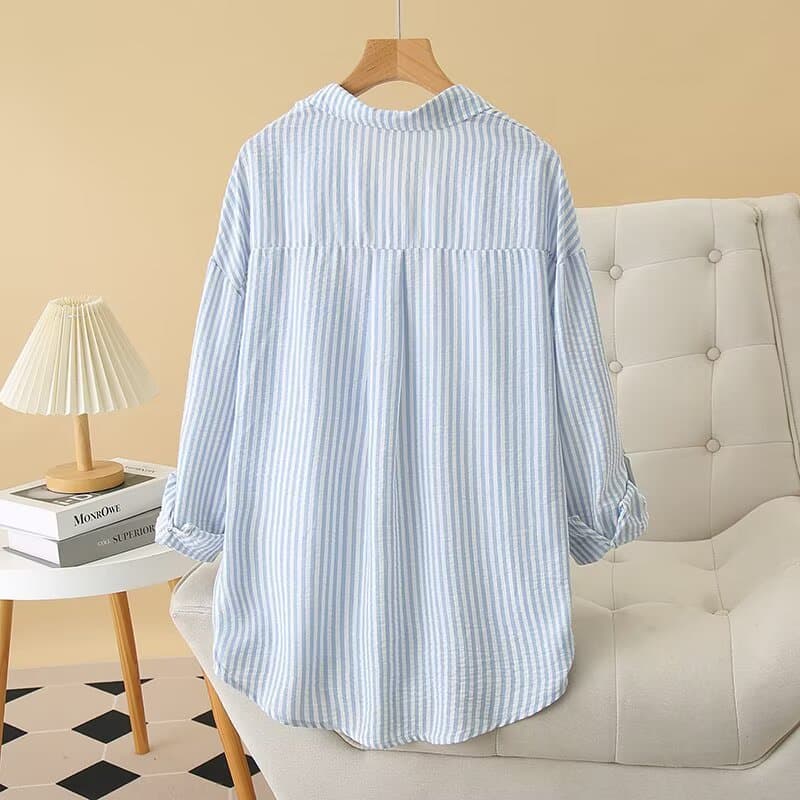 2025 Spring Plus Size Striped Shirt Long Sleeve Top Collared Top Rolled Sleeve Cardigan 327