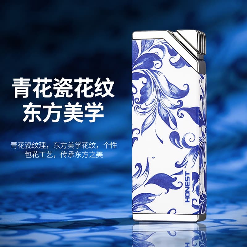 Baicheng's new traditional Chinese style blue and white porcelain series durable inflatable windproof lighter for cigars, moxibustion, smoking, and incense lighting.