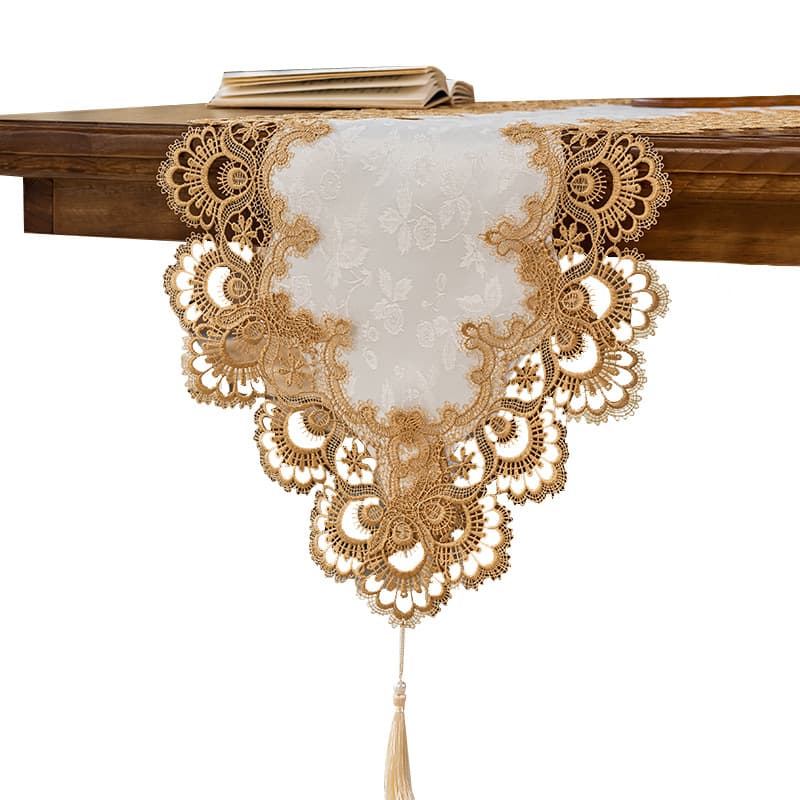 Cross-Border TV Cabinet Cover Decorative Lace Hollow Tablecloth Long Dust European Vintage Coffee Table Runner Tassel Style