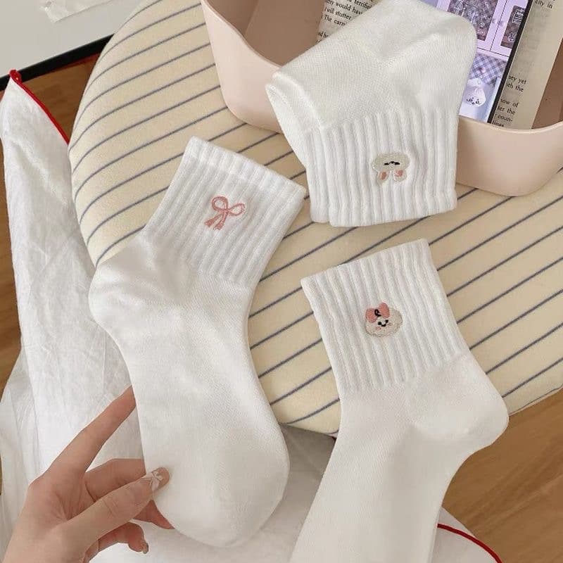 Spring and Summer Korean Style Cute Socks for Girls, Ins Trendy Sporty Cotton Breathable Pink Cartoon Embroidery Mid-Calf Socks