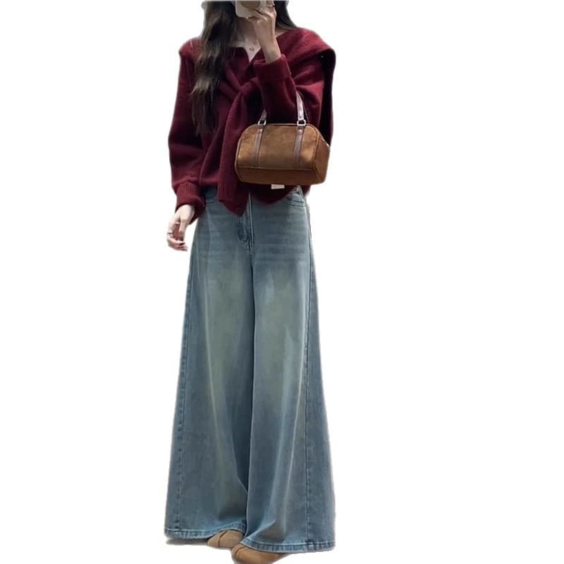 Vintage Washed Denim Jeans for Women - Loose Wide Leg, High Waist, Straight Cut, Slimming, Versatile, Autumn, Plus Size, Floor-Length Trousers