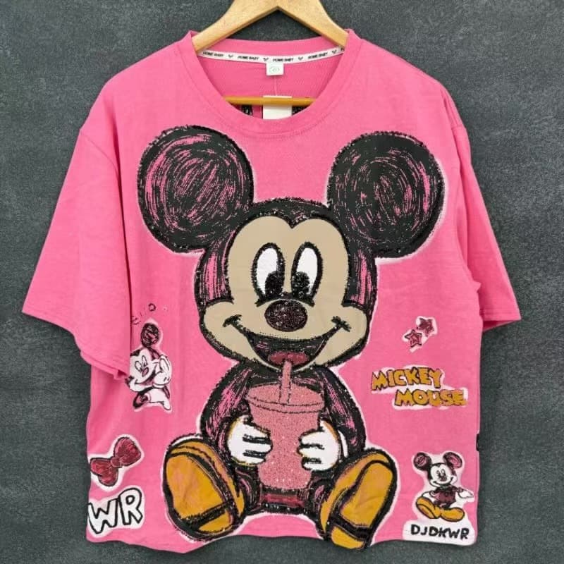 830# Women's Heavy-Duty Sequined Mickey Mouse Cartoon Short-Sleeve T-Shirt (300kg) - Fashionable and Loose-Fitting Top