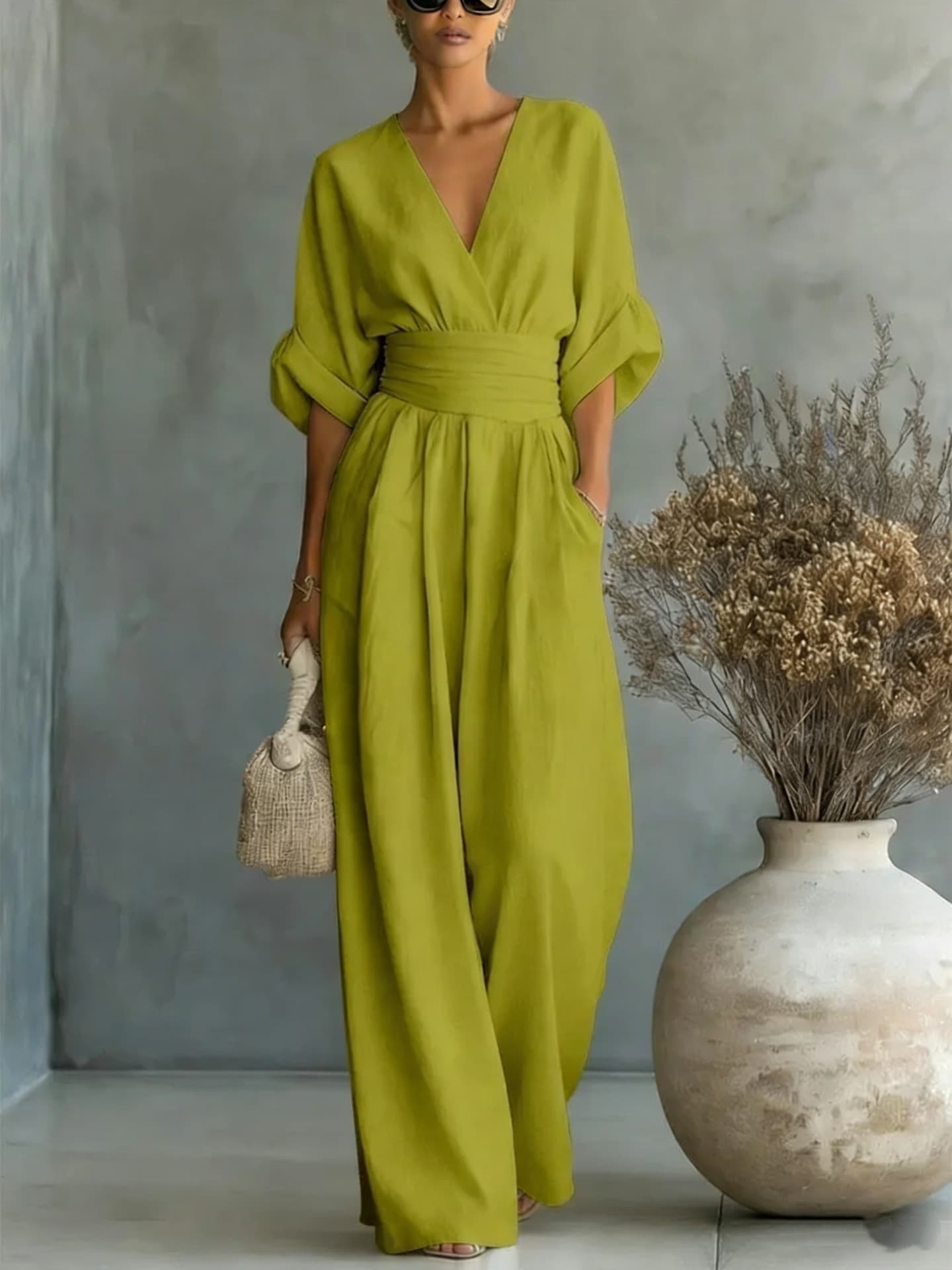 2026 In Stock Spring/Summer New Arrival Elegant V-Neck Waist-Tie Women's Jumpsuit for Amazon Cross-Border Sales