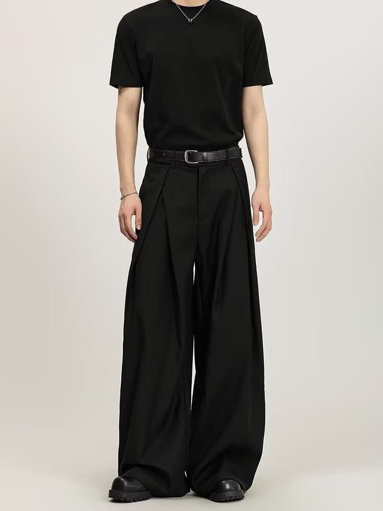 Black Premium A-Line Pleated Dress Pants for Men, Trendy Casual Commuter Loose Fit Straight Wide Leg Long Pants