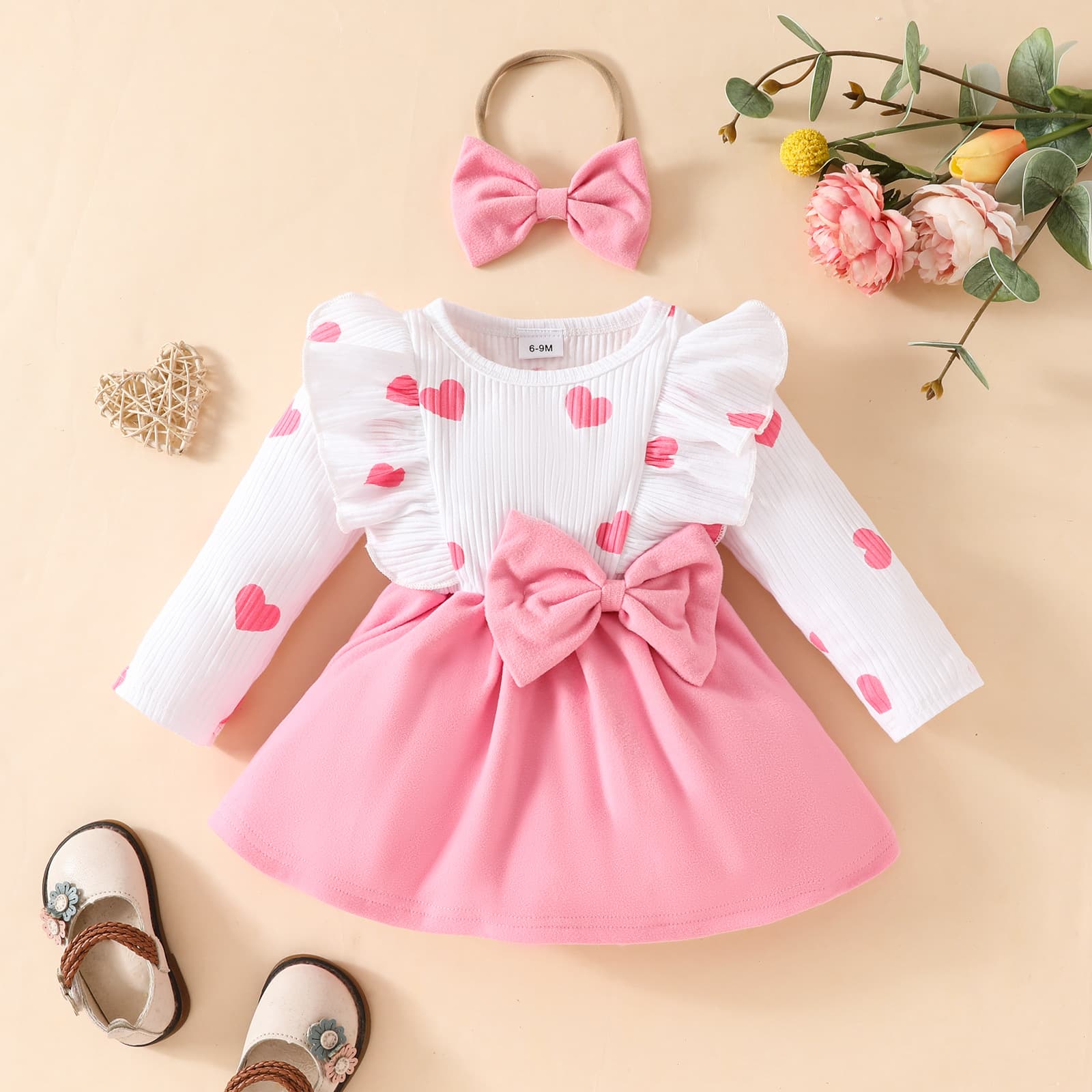 2024 European and American Baby Long Sleeve dress Baby Girl Long Sleeve Love Bow Skirt Spring and Autumn Sweet Skirt