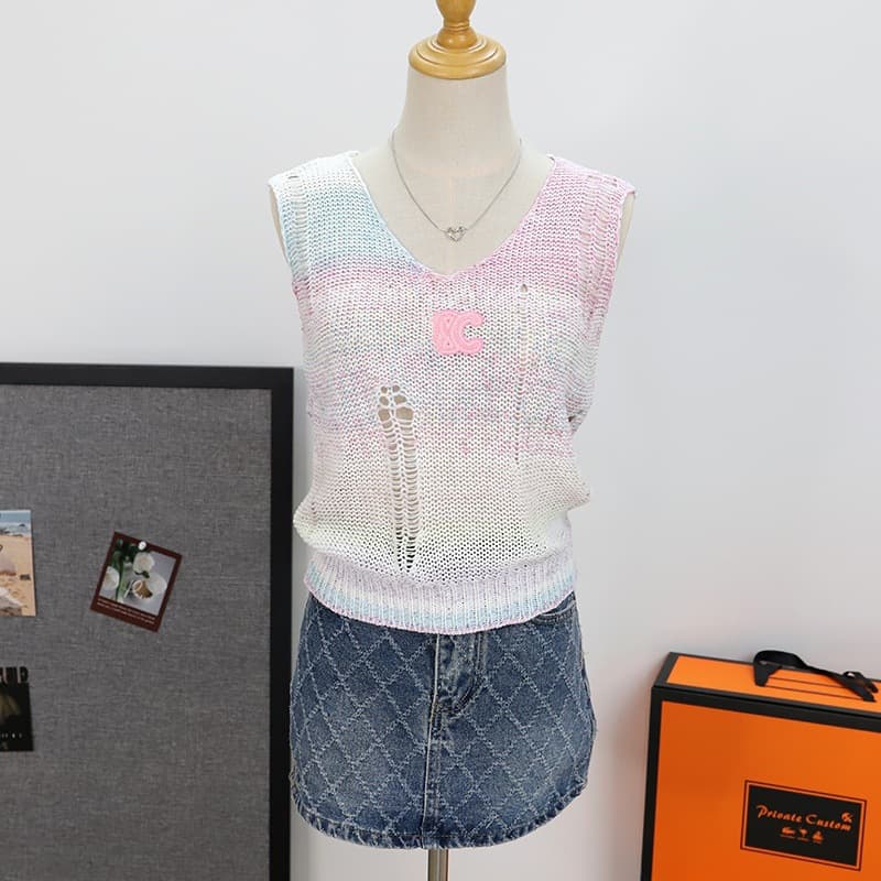 2025 Summer New Fashionable Versatile V-neck Sleeveless Knitted Top for Women, Loose Fit, Slimming, High-End Hollow-out Vest