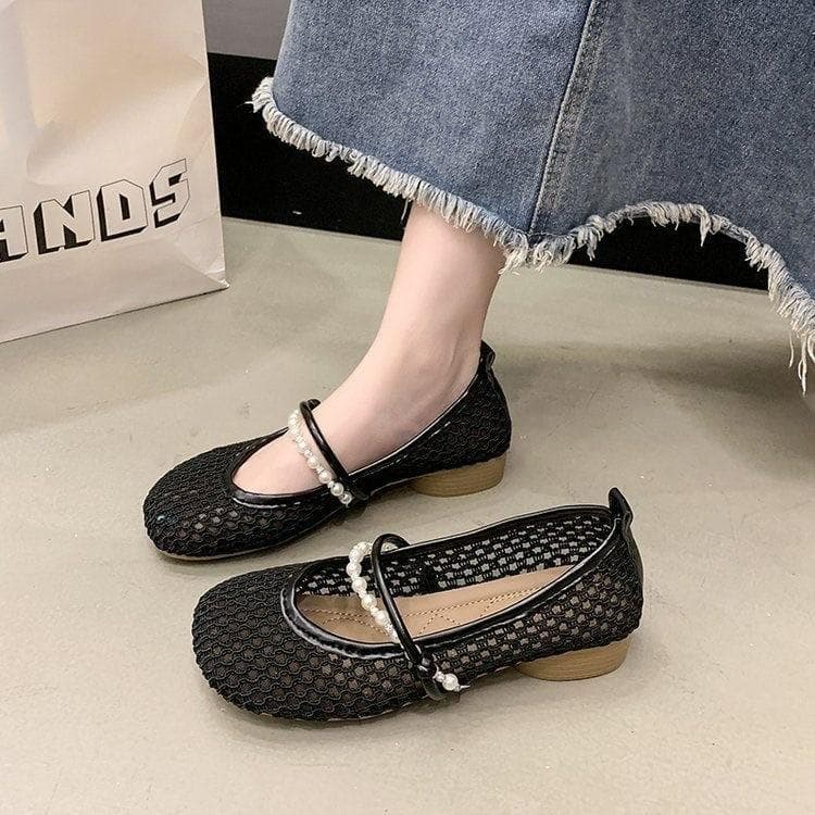 Hot Selling Slip-On Chunky Heel Mary Jane Shoes for Women, 2026 New Summer French Hollow Woven Mesh Sandals