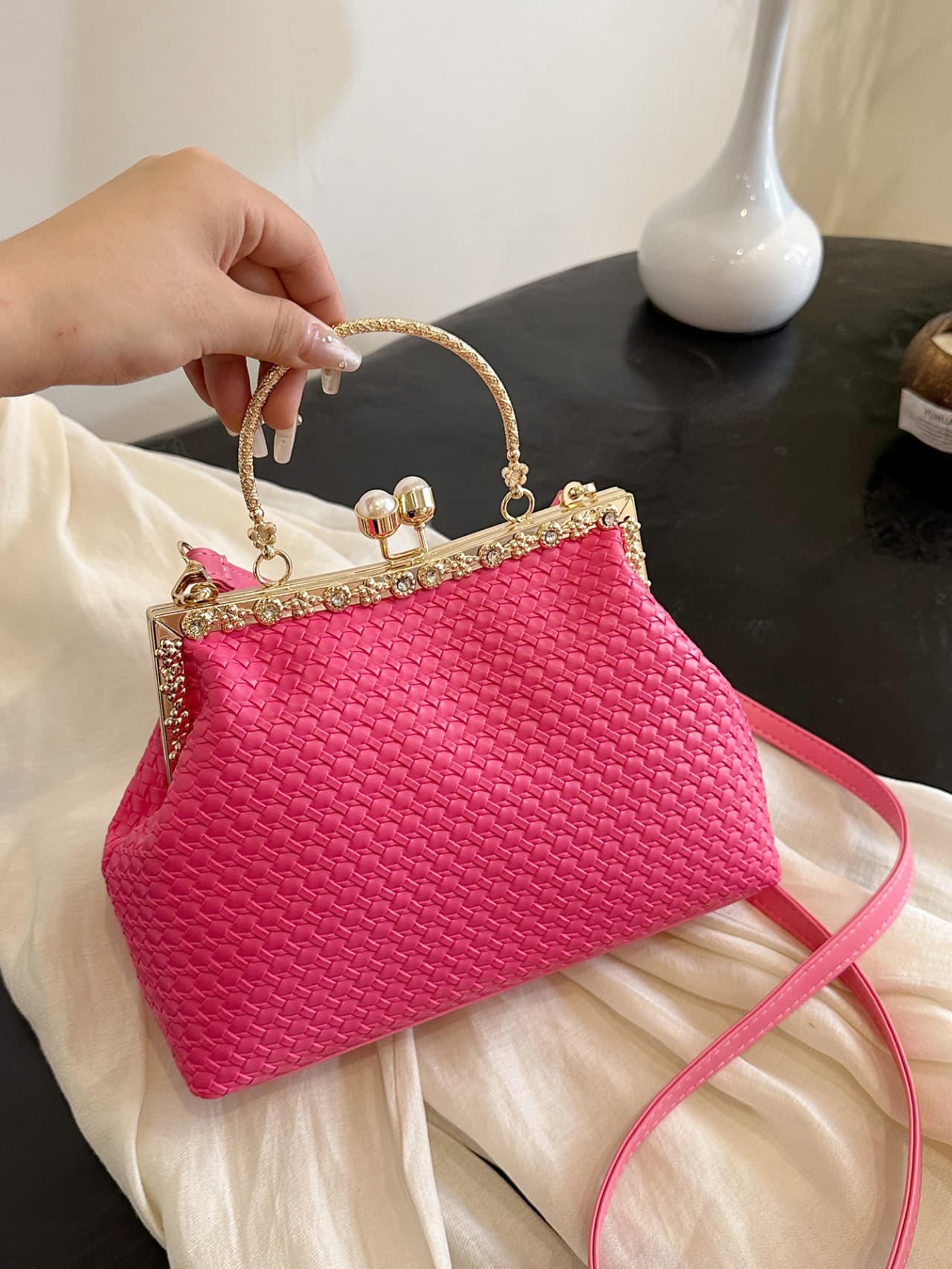 Chinese Retro Evening Bag Waffle Solid Color Banquet Handbag Clasp Chain Shoulder Crossbody Bag