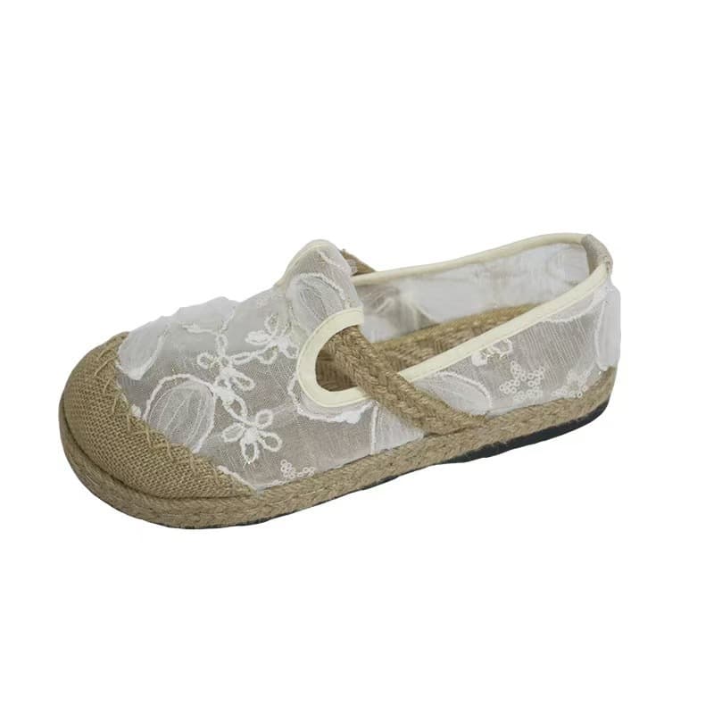Ethnic Style Women Shoes Elegant Small Flower Embroidery Round Toe Cloth Slippers W005 Summer New Mesh Vintage
