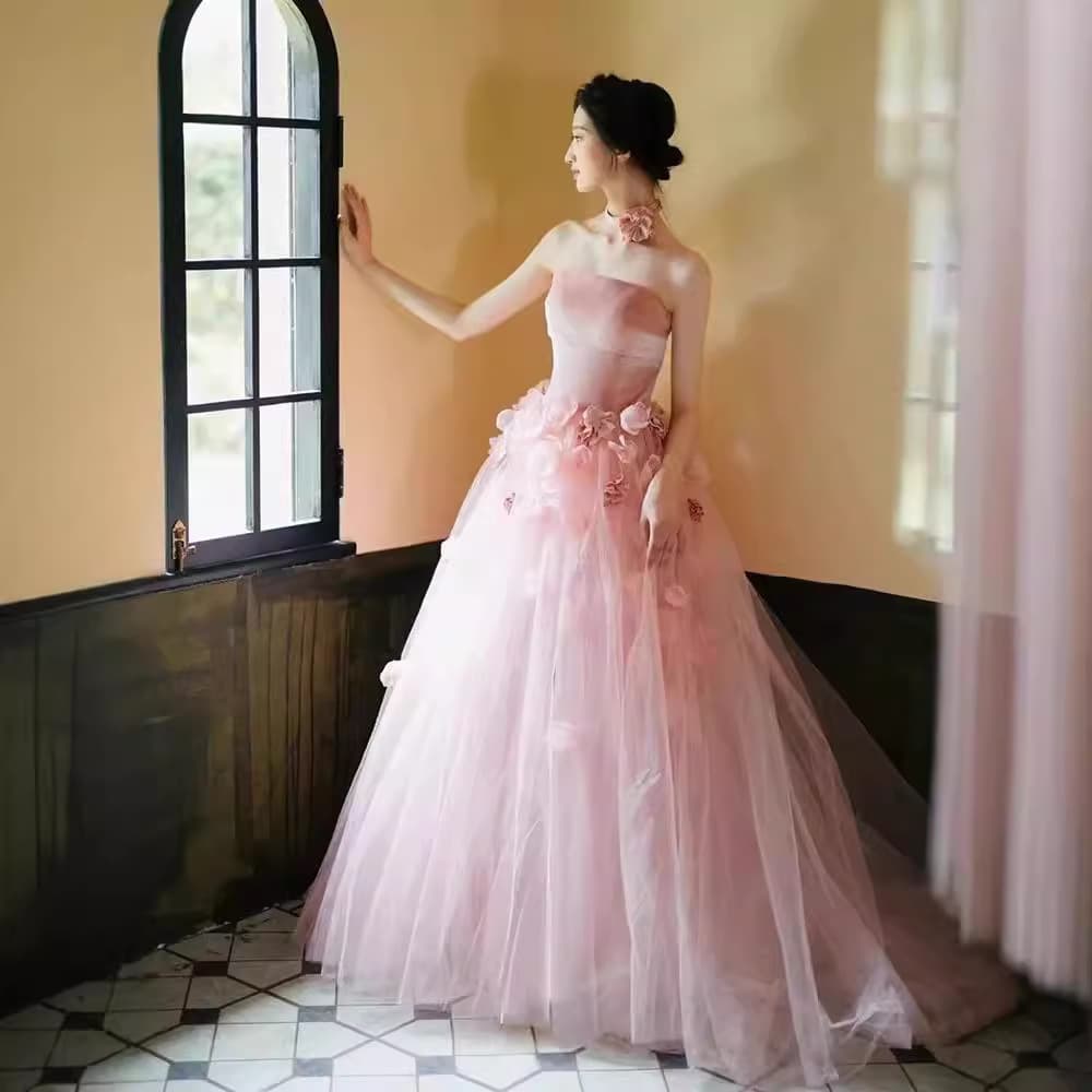 Flower Fairy Romantic Pink Bridal Strapless Toasting Dress 2026 New Banquet Host Trendy Evening Gown