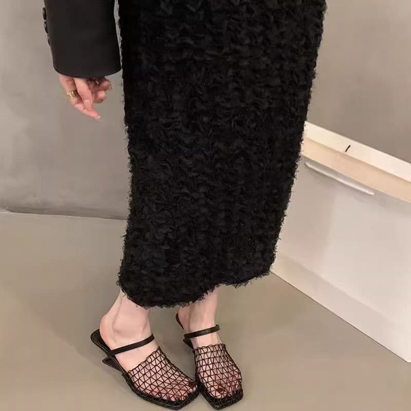French-Style Mesh Hollow Slippers 2025 Summer New Slip-On Niche Women's Closed-Toe Irregular Heel Slippers