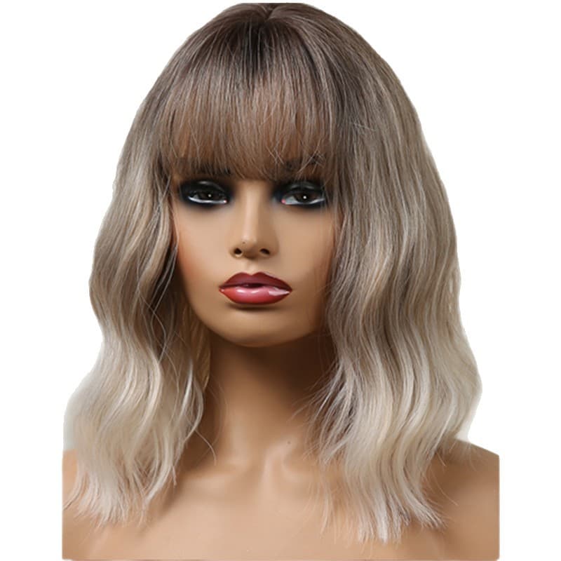 Women's Bangs Gradient Brown Short Curly Wig Water Wave Full Wig