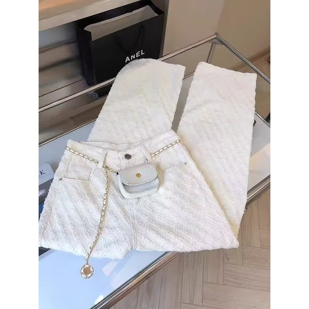 White Straight Jeans Spring Summer Designer Chanel Style Plaid Women Spring Summer Loose Slim Wide Leg Flowing Pants
