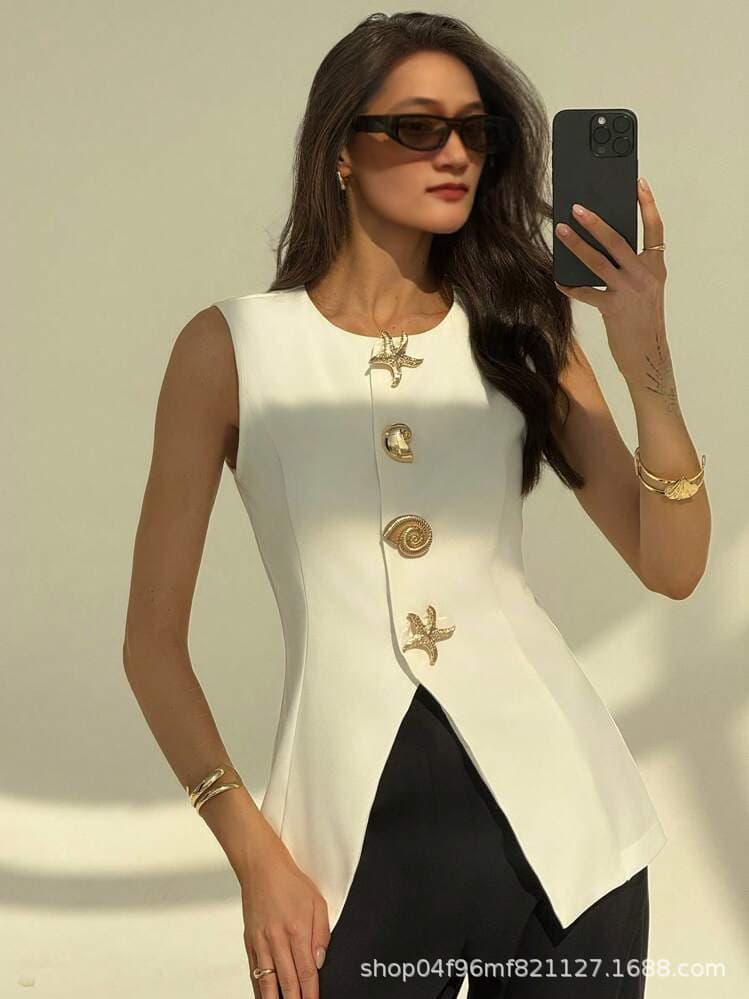 2025 New Cross-Border British Artistic V-Neck Vest International Trendy Round Neck Sleeveless European and American Style