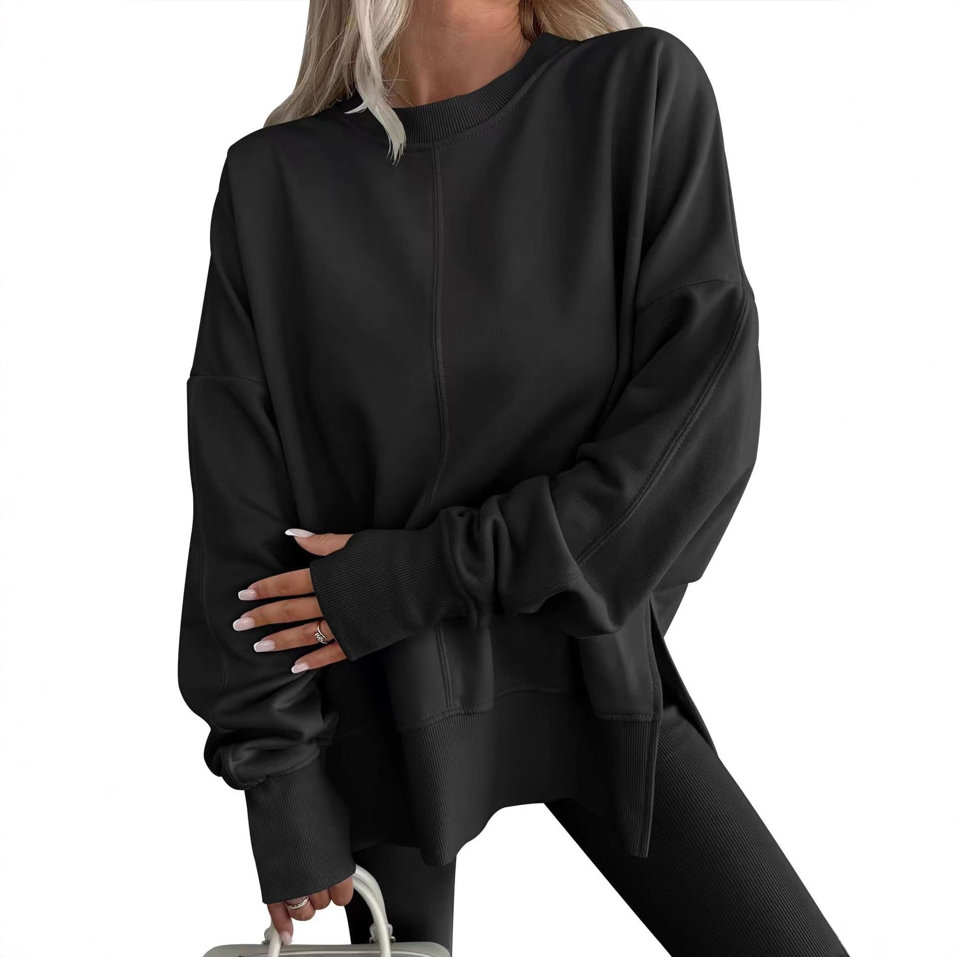 Oversized Side Slit Patchwork Round Neck Short Sleeve Batwing Sweatshirt - Amazon TEMU Hot Seller for Cross-Border E-Commerce