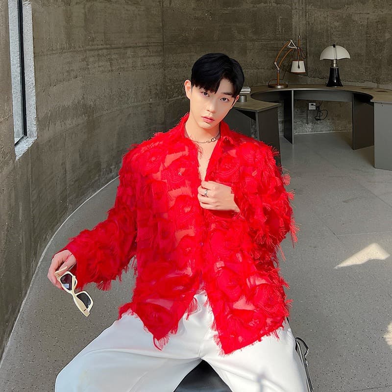Cat-Eye Whisker Design Long-Sleeve Shirt for Men, Light Luxury Style, Now High-End and Unique, Red Loose-Fitting Shirt