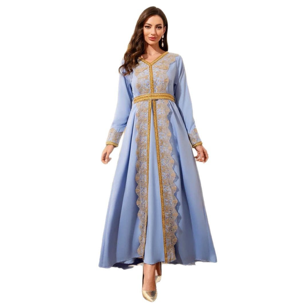 Women's Long Dress V-Neck Long Sleeve Lace Trim Elegant Robe for Amazon
