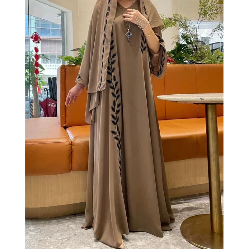 Cross-border Turkish Fashion Street Chiffon V-Neck Embroidered Long Dress Robe with Headscarf