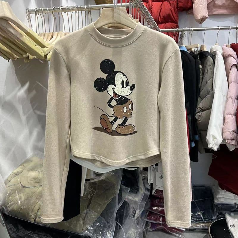 Cartoon Mickey Mouse Print Long-Sleeved Fleece-Lined Short T-Shirt for Women, New Autumn/Winter Style, American Retro Fashion, Irregular Inner Layer