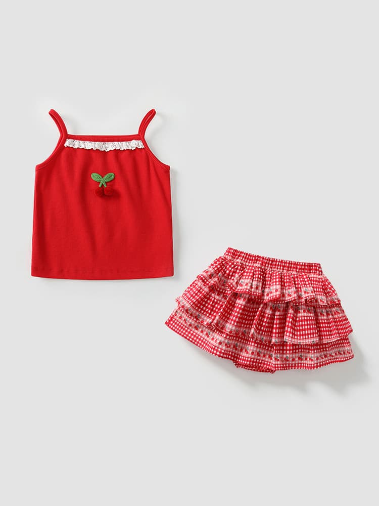 New summer style girls' skirt, thin design, red cherry vest, camisole, Korean style two-piece set for baby girls.