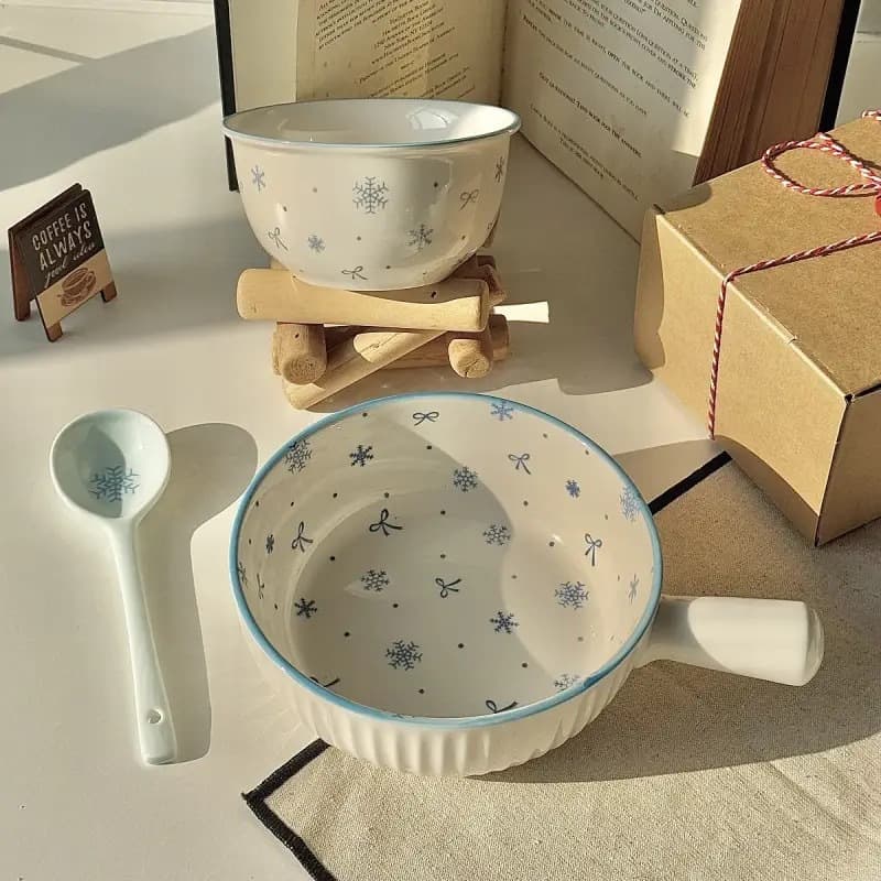 [First Snow] New High Temperature Underglaze Color Ceramic Tableware suit ins Style Milk Blue Simple Household Bowl