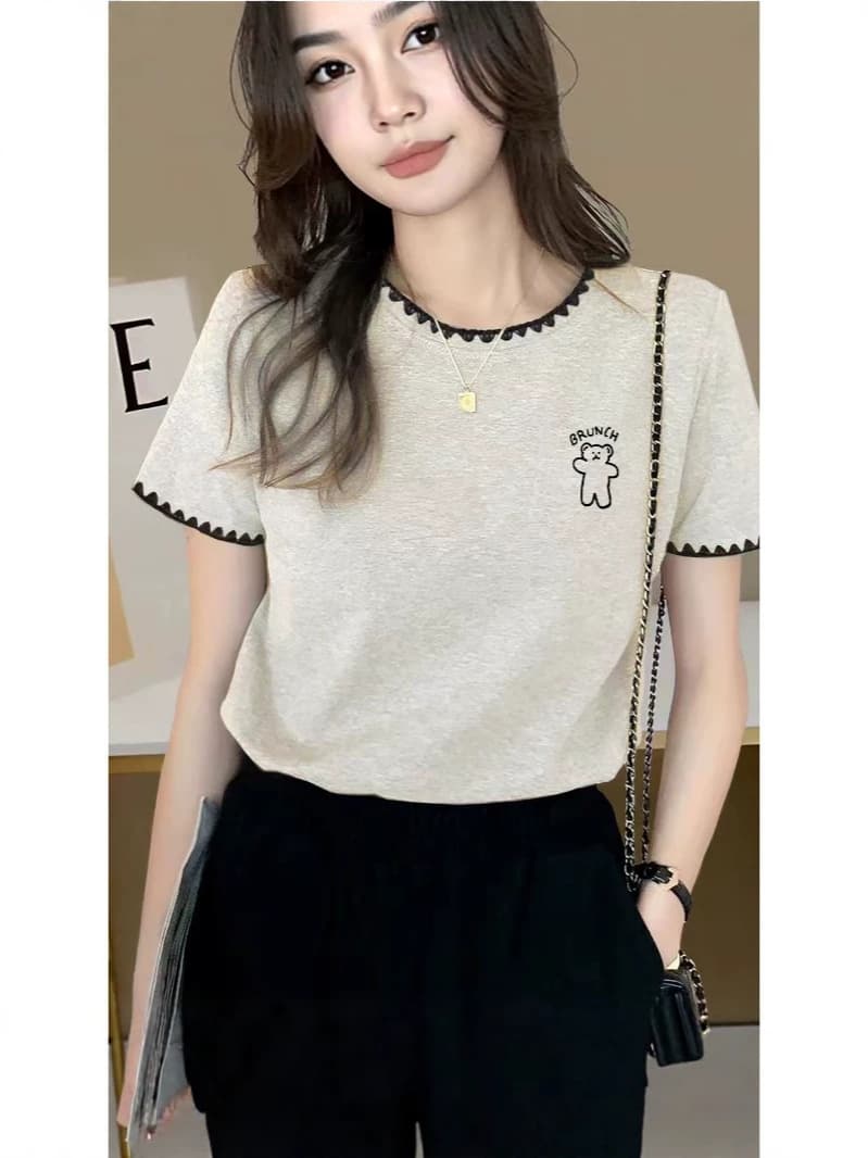 Unique Regular Shoulder Print Short Sleeve T-Shirt Women 2026 Summer New Petite Contrast Lace Design Round Neck Top