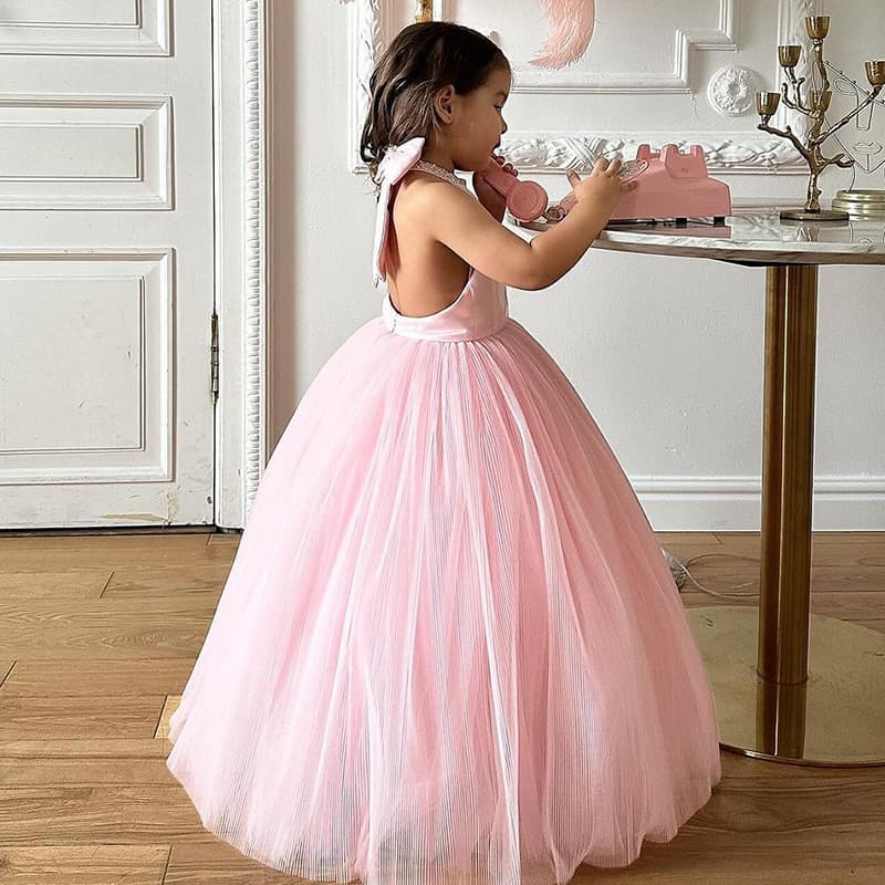 Amazon children's dress, princess dress, new summer style, pink halter neck dress for little girls with bow, piano performance costume