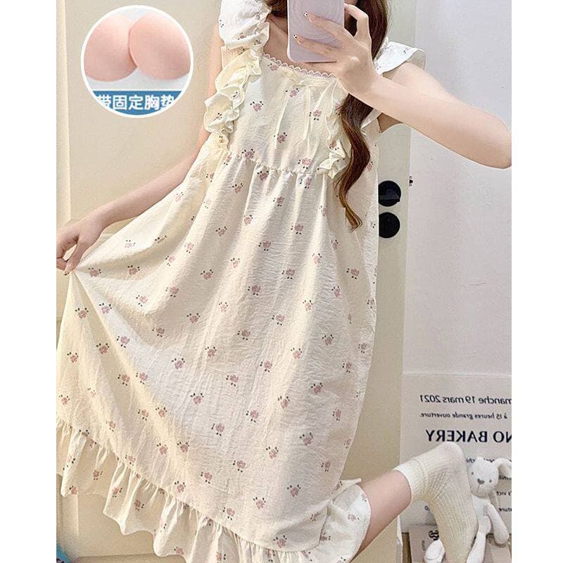 New summer women's pajamas, cloud-patterned cotton short-sleeved nightgown with fixed bra pads, princess style, sweet and comfortable loungewear.