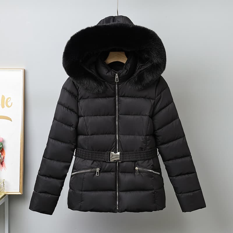 Cross-border European and American women's clothing, AliExpress hot-selling warm long-sleeved ski cotton jacket with belt and fleece lining.