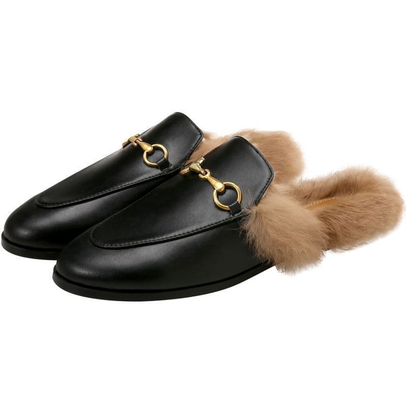 Women's fluffy slippers, autumn and winter mules, 2025 new style, trendy slip-on shoes, rabbit fur closed toe half slippers, black.