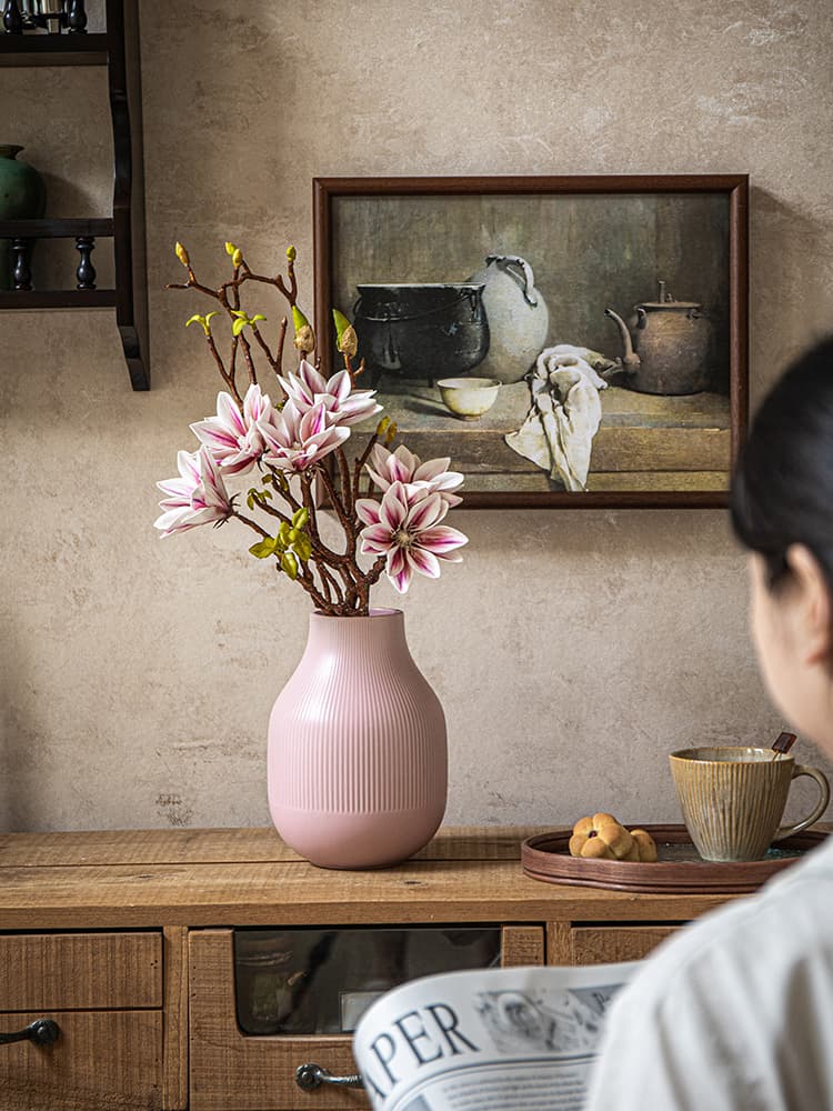 At the End of the Alley [No Style Restrictions] Embossed Large Pink Vase with Rose Decorations, Creative Ceramic Ornament with Minor Imperfections