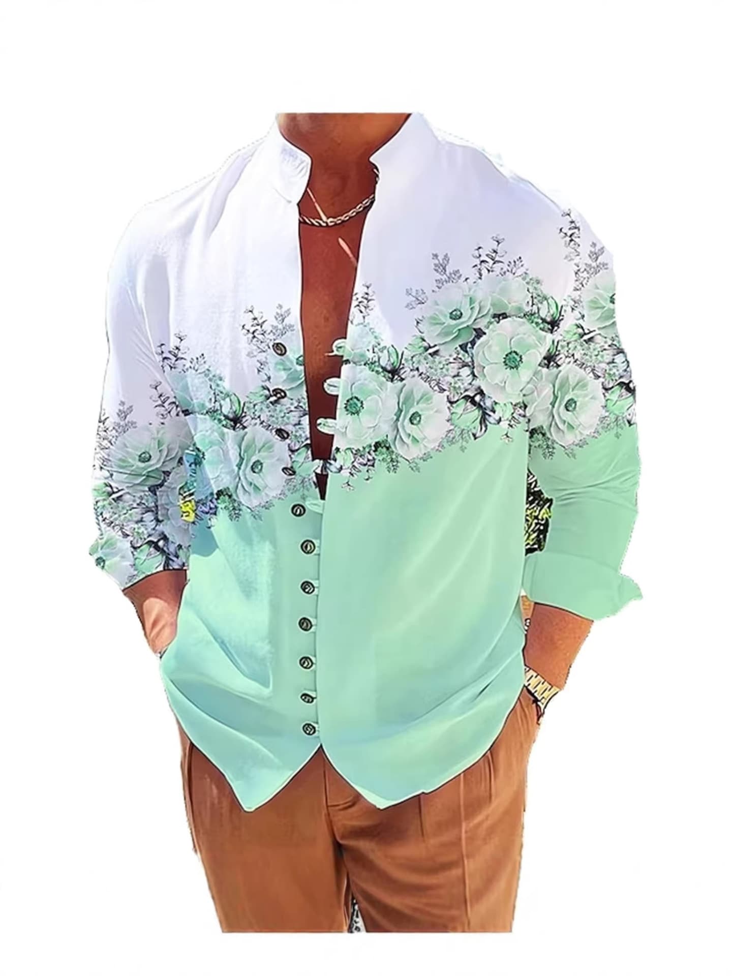 Cross-Border New Style Stand-Up Collar Multi-Button Long-Sleeved Men's Loose Shirt Spring and Autumn Casual 3D Printed Cardigan Jacket