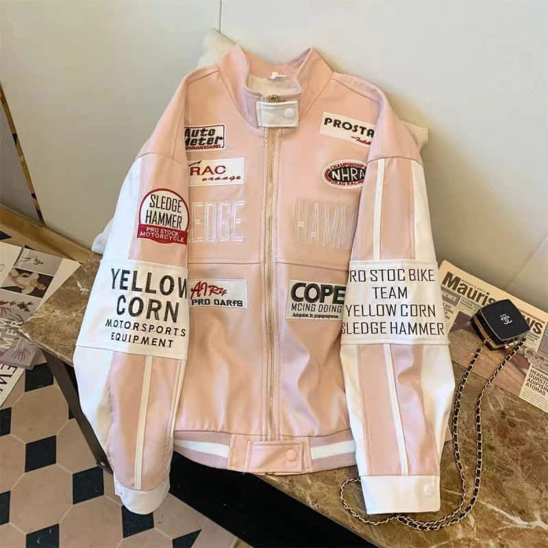 High-end European and American style motorcycle leather jacket, heavy-duty embroidered baseball uniform, unisex autumn and winter loose-fitting ins-style cool coat.