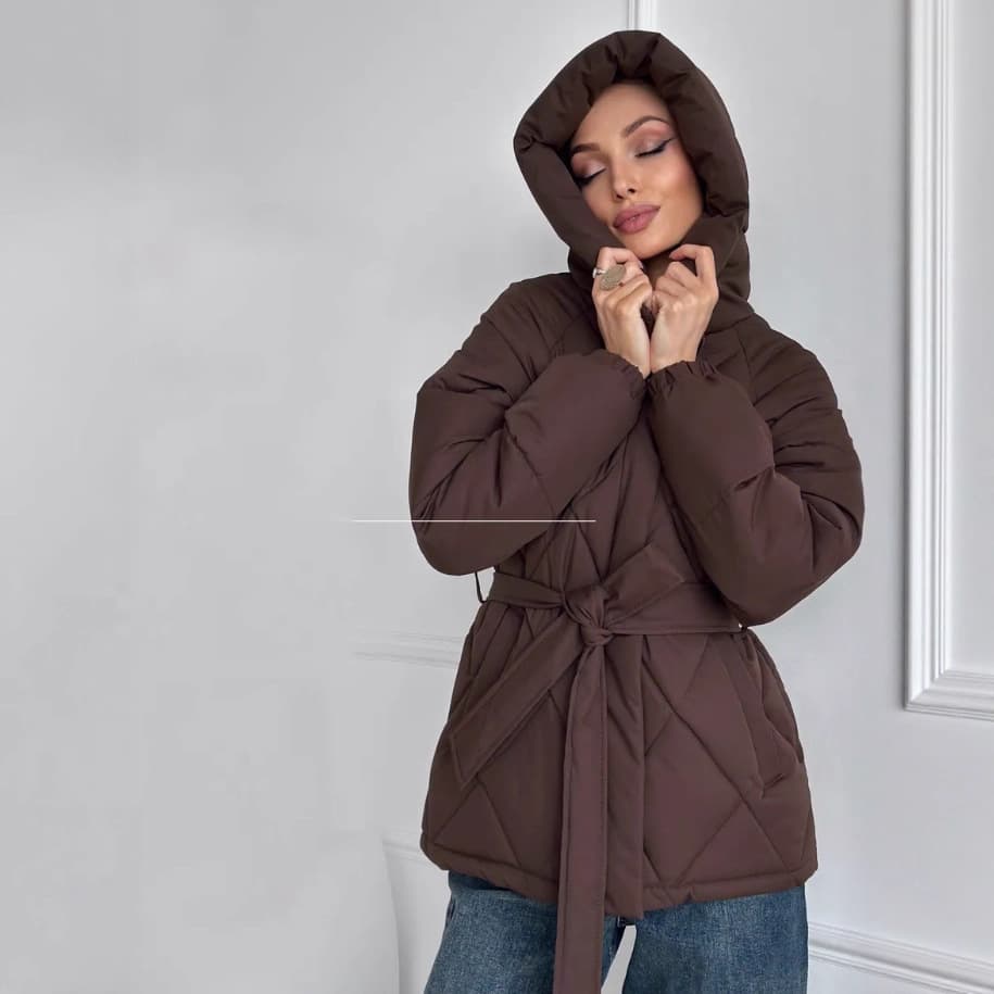 2025 Hooded Cotton Jacket New Thick Autumn Winter Fashion Blazer Women Solid Color Belt Warm Coat Retro Zipper