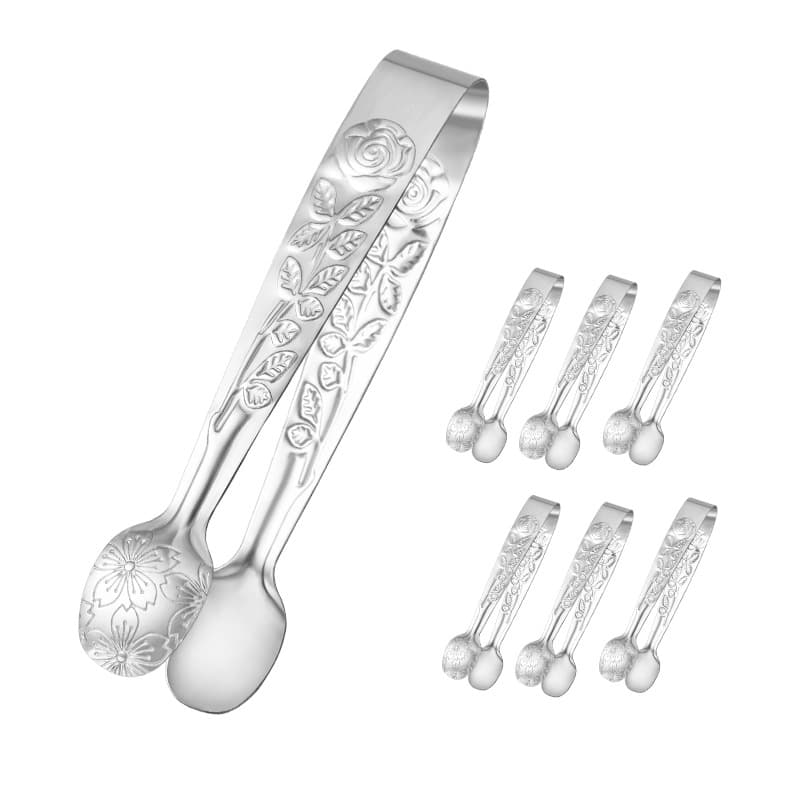 Stainless steel rose-patterned sugar cube tongs, bar ice cube tongs, stainless steel dipping sauce tongs, small Western-style tongs.