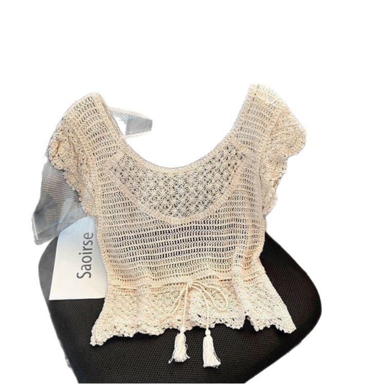 Openwork Crochet Flutter Sleeve Knit Top Summer Vest Cardigan Short Design Women