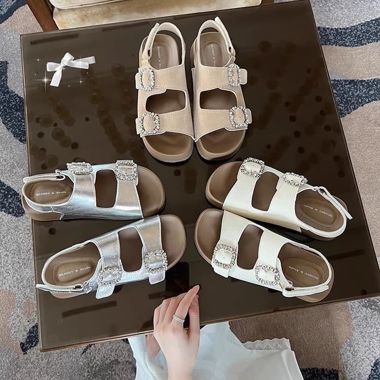 Silver Thick-Soled Rhinestone Buckle Birkenstock-Style Sandals for Women, 2025 New Model, Comfortable and Versatile Single-Strap Beach Sandals