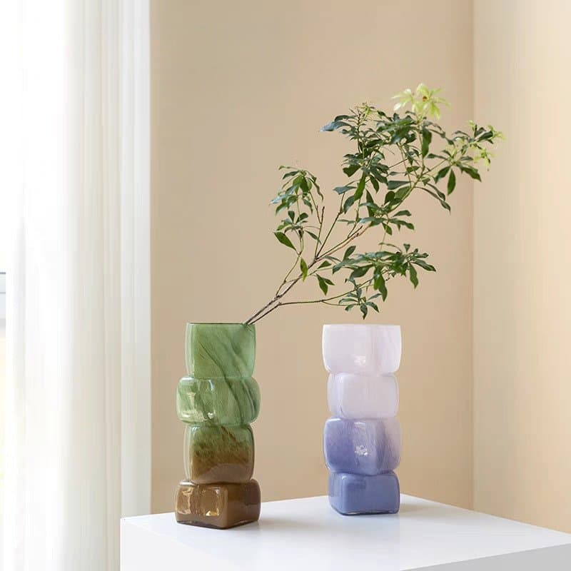 Watermark Purple Glass Vase Square Flower Vessel Art Vase Niche Hydroponic Flower Arrangement Living Room Dining Table Decoration Ornament