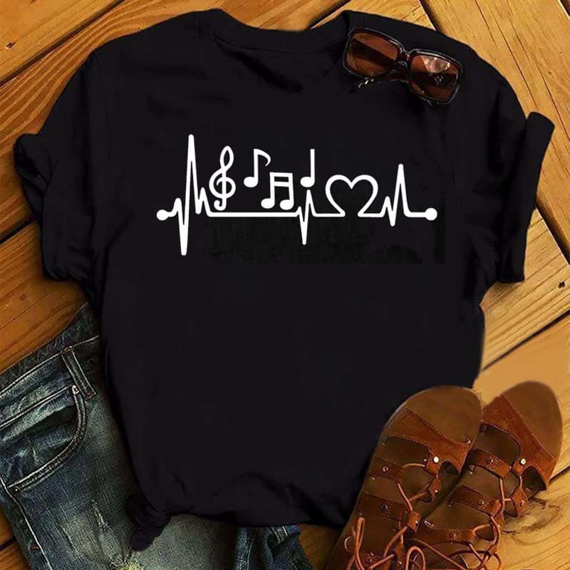 Summer Plus Size Cross-Border Supply Music Note Heart Cute White Women's Print Casual Plus Size T-Shirt