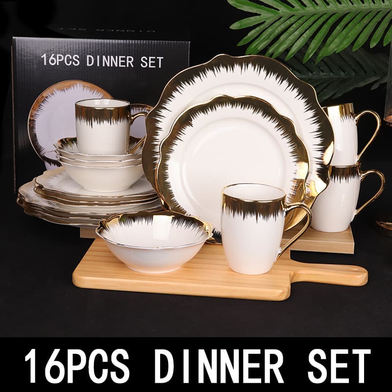 16PCS DINNER SET Export Hot Selling 16-Piece Electroplated Gold Rim Ceramic Dinnerware Set Gift Box Packaging