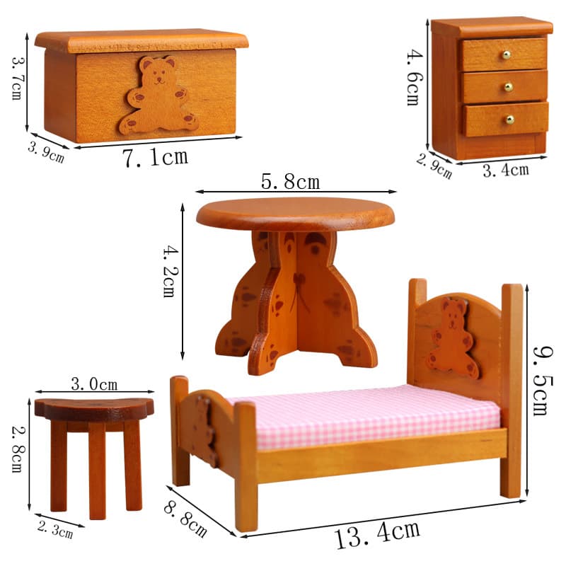 1:12 mini doll house dollhouse pocket children's bedroom bear bed table stool toy box set