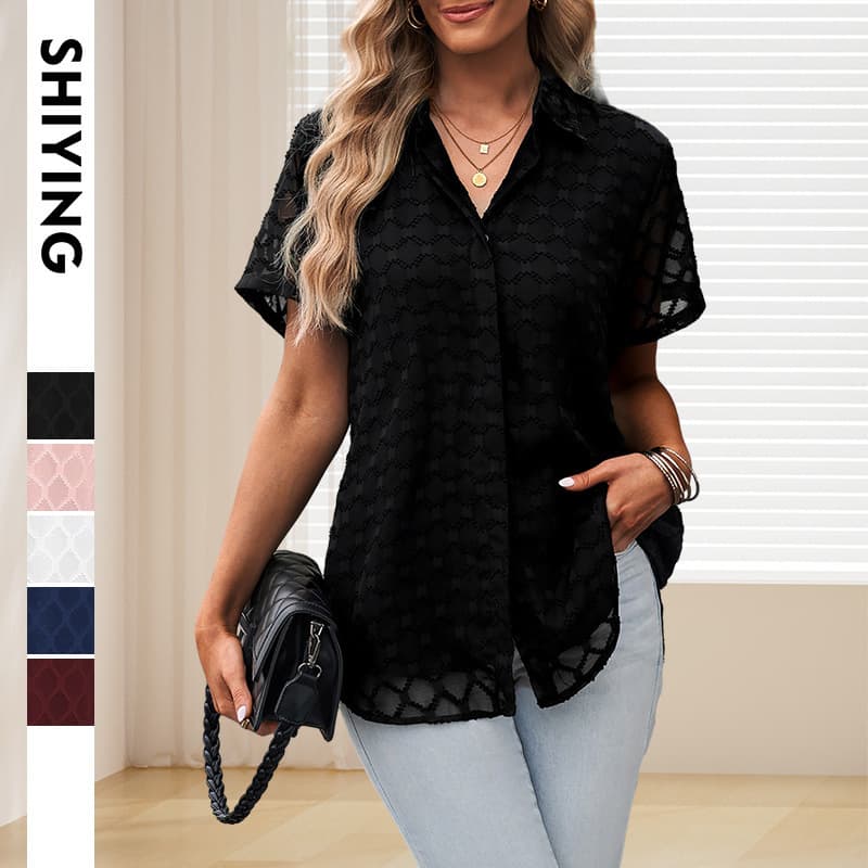 Shiying European American New Pullover Women Simple Solid Turn-Down Collar Single Button Chiffon Top