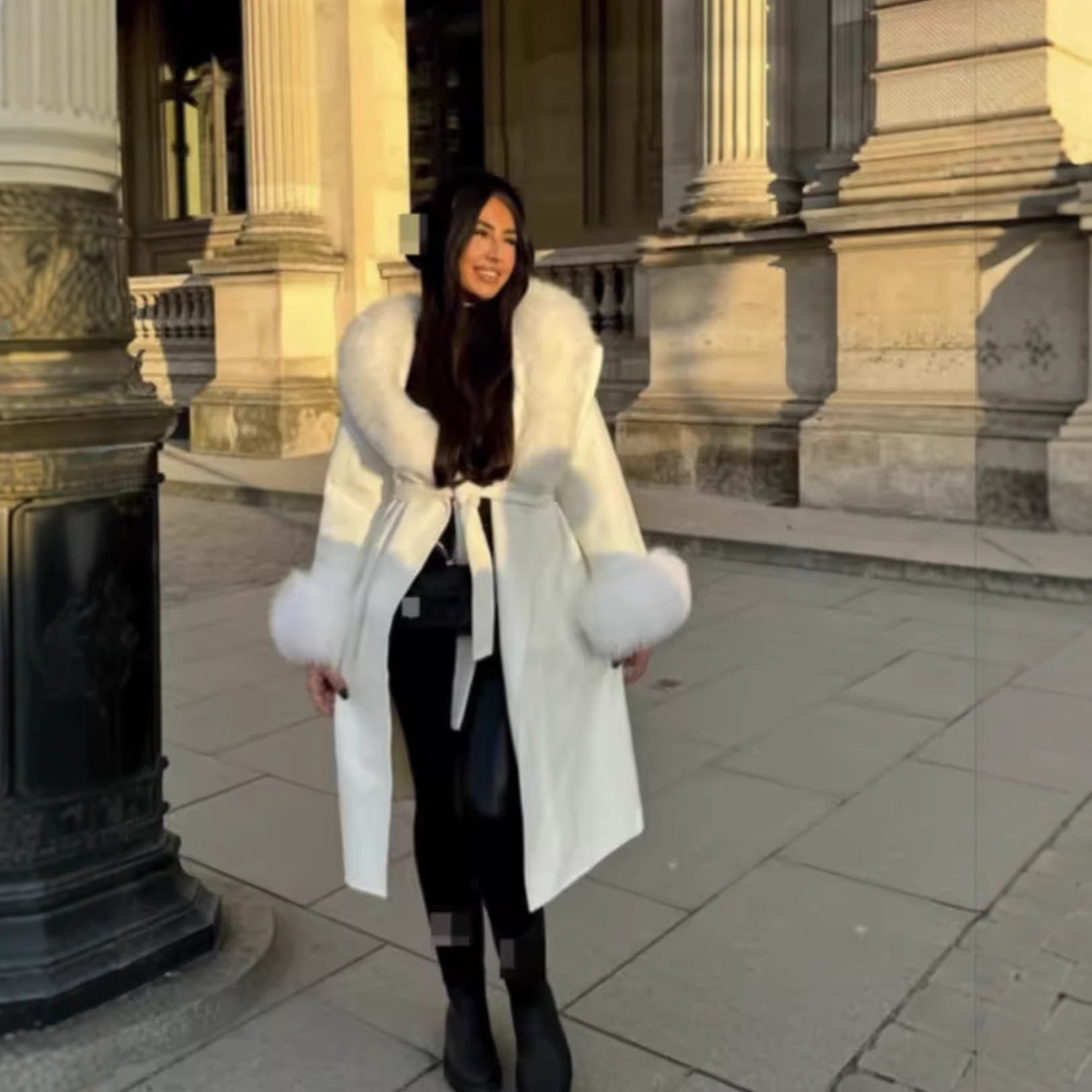 Cross-Border European and American Women's Clothing, Aliexpress Hot-Selling Fashion Casual Fur Collar Lace-Up Mid-Length Slim-Fit Slimming Coat