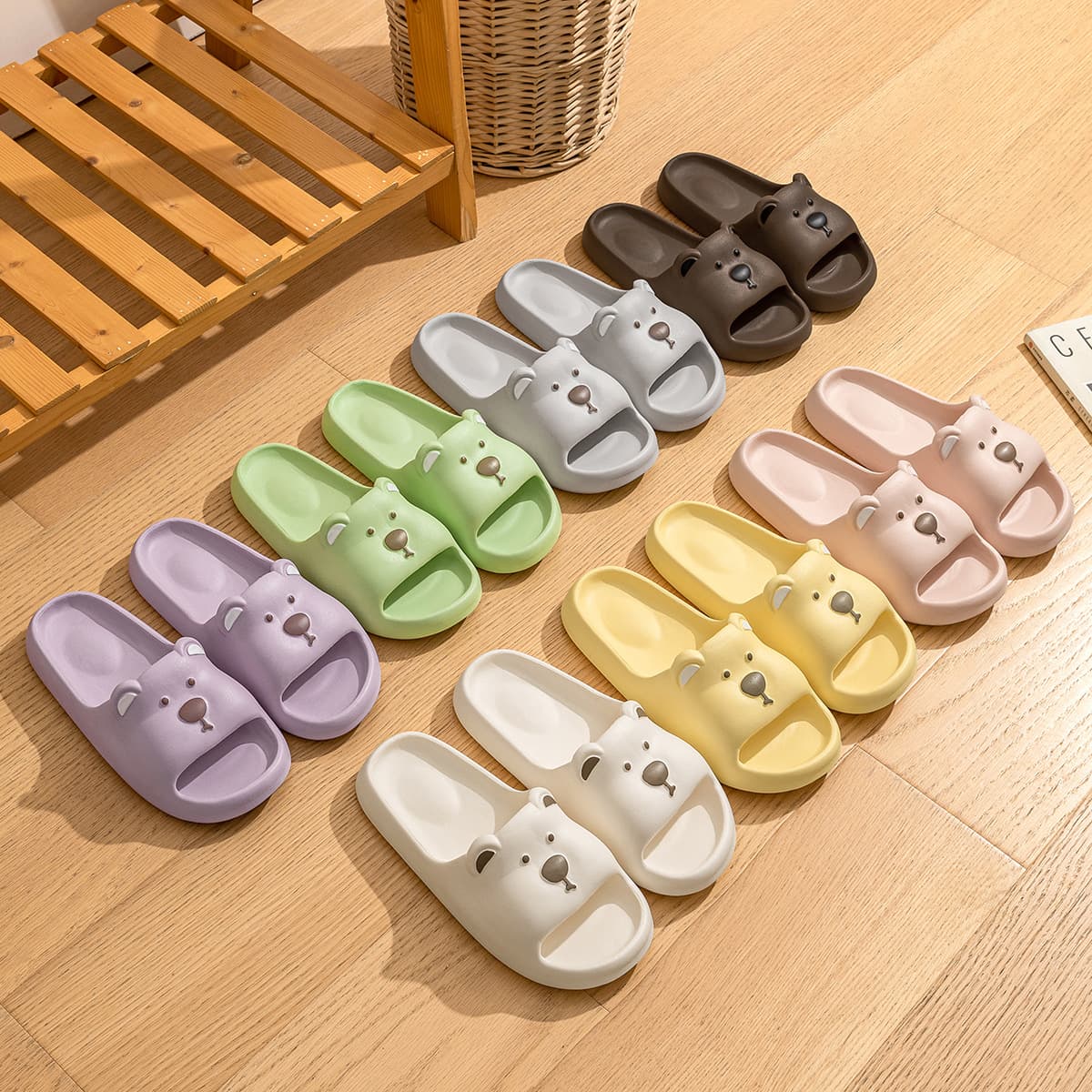 EVA Cartoon Bear Slippers Women Indoor Home Non-Slip Odorless Bathroom Summer Kids Family