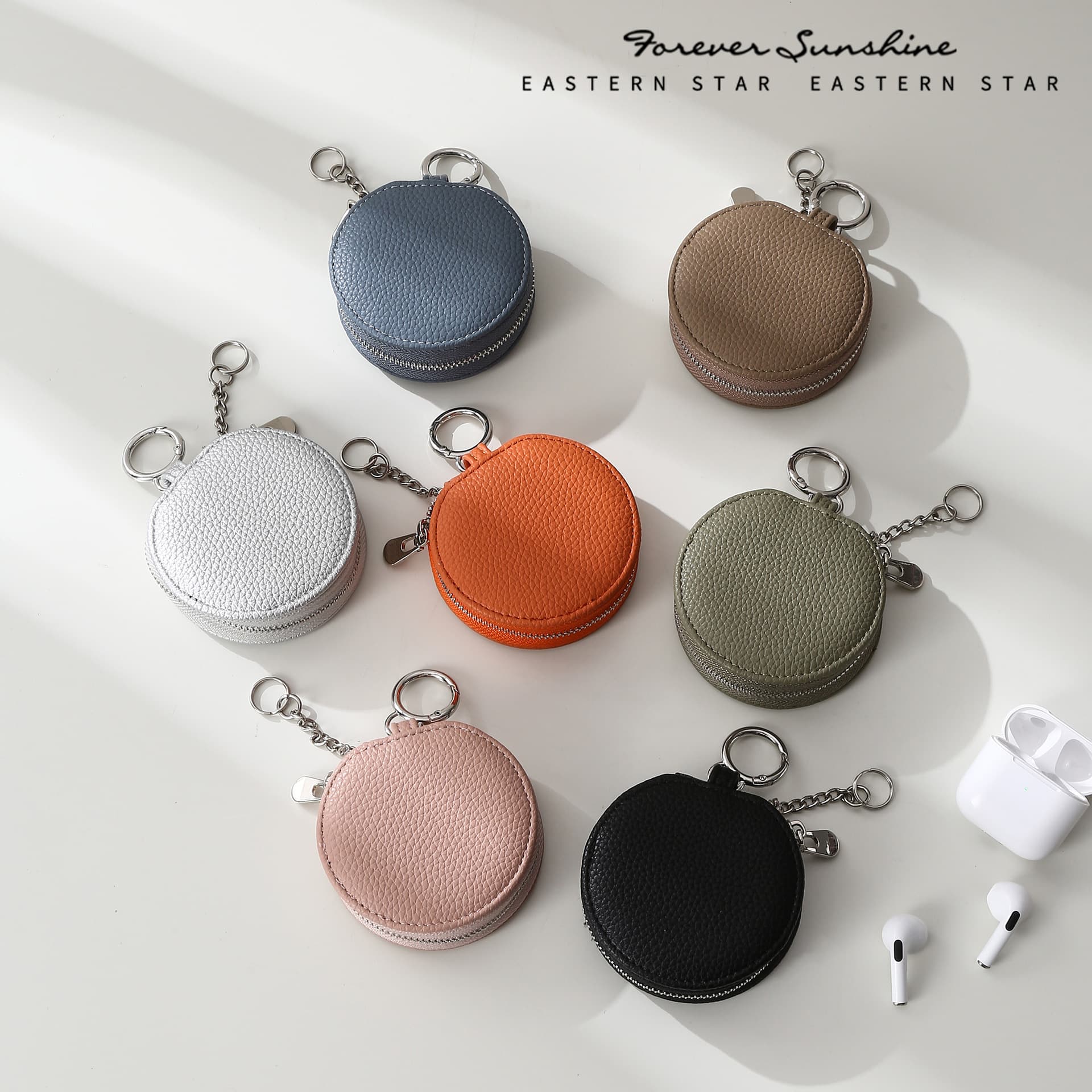 Earphone Mirror Bag 2-in-1 Storage Bag with Mirror Round Bluetooth Earphone Pendant Keychain
