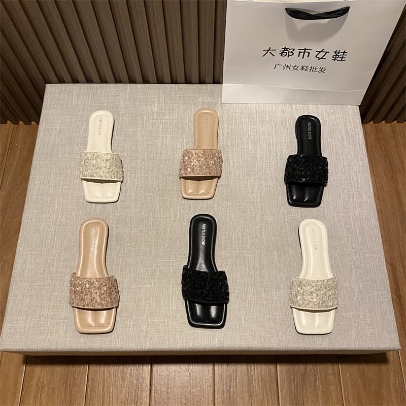 Sandals Flat Low Heel Sequins Square Toe Summer 2025 New Open Toe Women