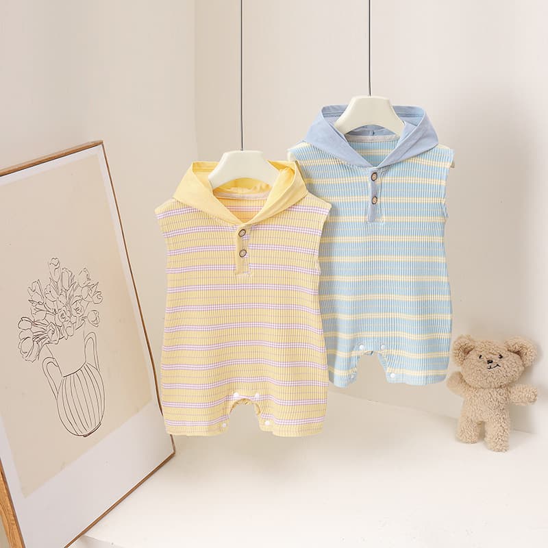 Summer Korean Cute Style Boys Girls Striped Hooded Wide Shoulder Romper